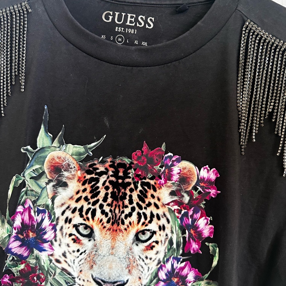 GUESS Black Top with Leopard and Floral Design